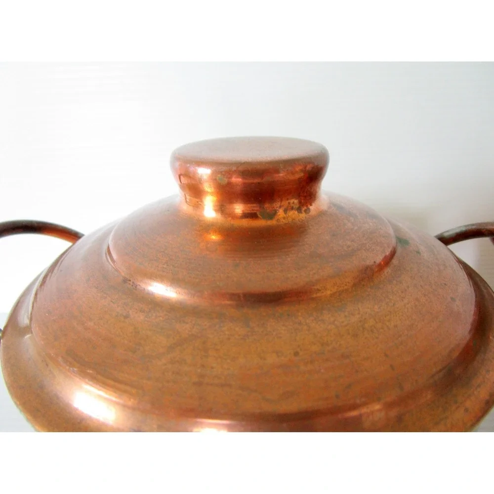 Set of 2 Vintage Copper Little Pots with Unique Lids Double Handles Tin Lined